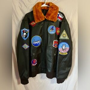 Men's Black Bomber Jacket with Patches and Faux Fur Collar